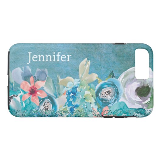 Rosa und aquamarine Aquarellblumen personalisiert Case-Mate iPhone Hülle (Rückseite (Horizontal))