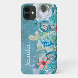 Rosa und aquamarine Aquarellblumen personalisiert Case-Mate iPhone Hülle