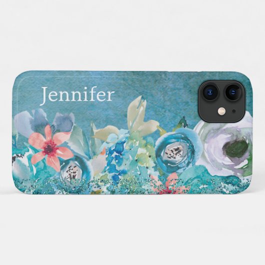 Rosa und aquamarine Aquarellblumen personalisiert Case-Mate iPhone Hülle (Rückseite (Horizontal))