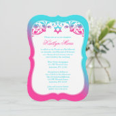 Rosa und Aquamarine blaue Wirbel Bat Mitzvah Einladung (Stehend Vorderseite)