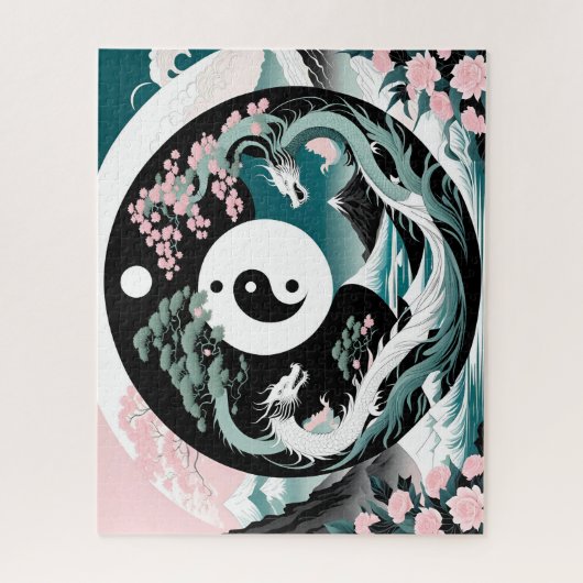 Rosa und Aquamarine Drachen Asiatische Landschaft Puzzle (Vertikal)