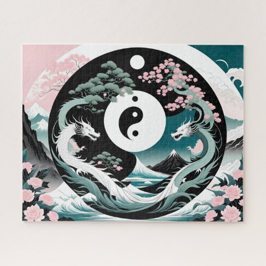 Rosa und Aquamarine Drachen Asiatische Landschaft Puzzle (Horizontal)