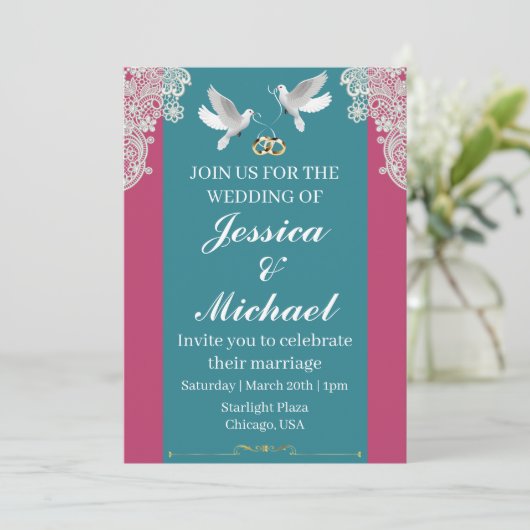 Rosa und Aquamarine Einladung zur Hochzeit (Stehend Vorderseite)