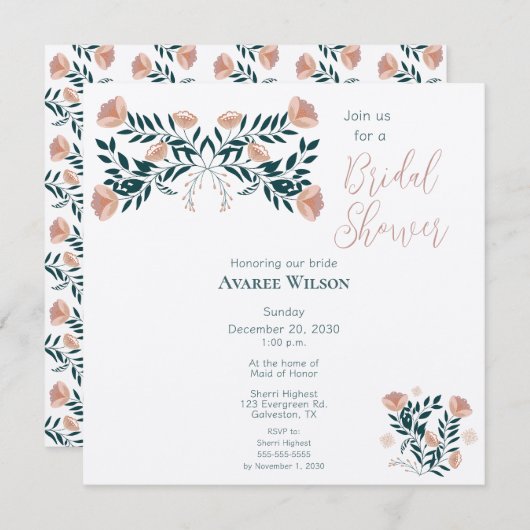 Rosa und Aquamarine Folklore Einladung (Vorne/Hinten)