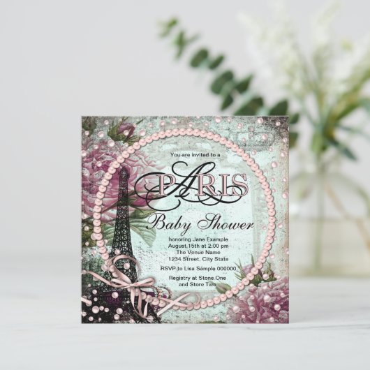 Rosa und Aquamarine Pariser Babydusche Einladung (Stehend Vorderseite)