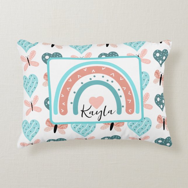 Rosa und Aquamarine Regenbogen, Schmetterlinge und Dekokissen (Vorderseite)