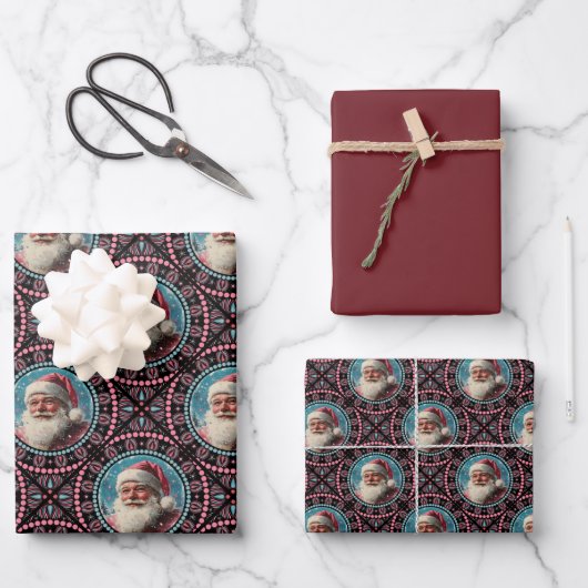 Rosa und Aquamarine Retro Santa Mandala Geometrisc Geschenkpapier Set (Vorderseite)