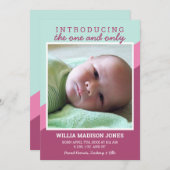 Rosa und Aquamarine Retro Streifen Baby Birne Ankündigung (Vorne/Hinten)