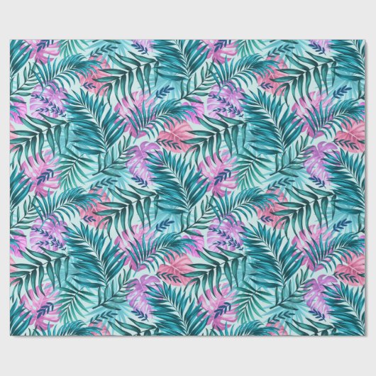 Rosa und Aquamarine tropische Palmen & Monstera Bl Geschenkpapier (Flach)