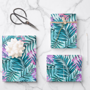 Rosa und Aquamarine tropische Palmen & Monstera Bl Geschenkpapier Set