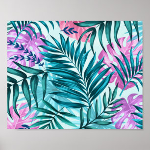 Rosa und Aquamarine tropische Palmen & Monstera Bl Poster