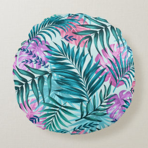 Rosa und Aquamarine tropische Palmen & Monstera Bl Rundes Kissen