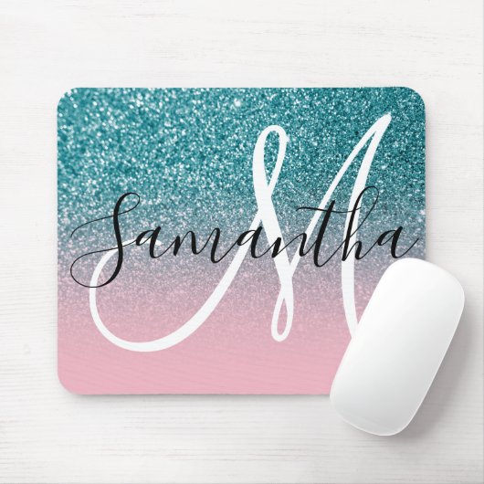 Rosa und Aquamariner Glitzer Ombre Monogram Mousepad (Mit Mouse)