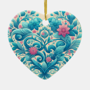 Rosa und Aquamarines Blumenherz Keramik Ornament