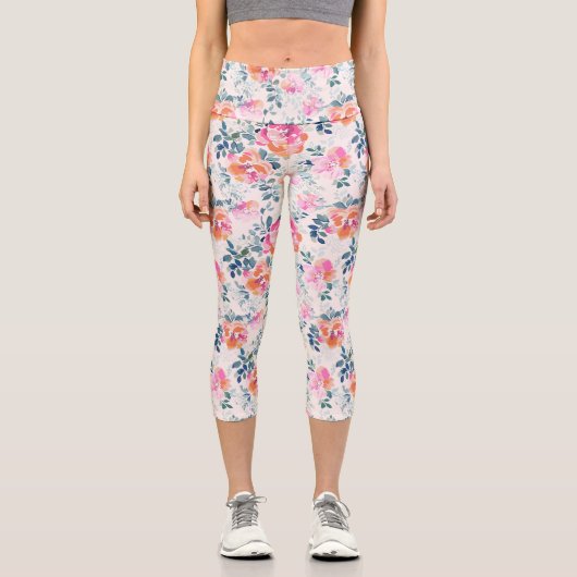 rosa und Aquamarines Blumenmuster Capri Leggings (Vorderseite)