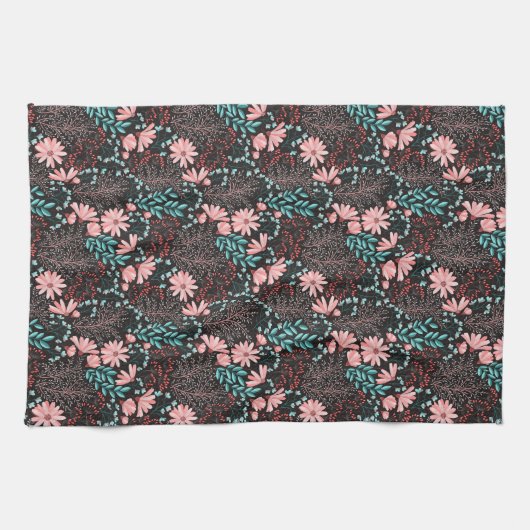 Rosa und Aquamarines dunkles Muster Geschirrtuch (Horizontal)