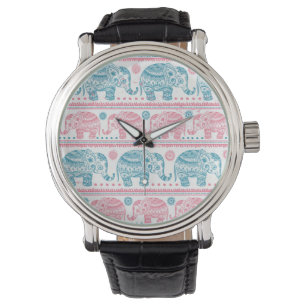 Rosa und aquamarines ethnisches Elefant-Muster Armbanduhr