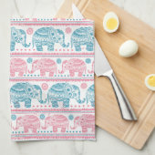 Rosa und aquamarines ethnisches Elefant-Muster Geschirrtuch (Viertel Falte)