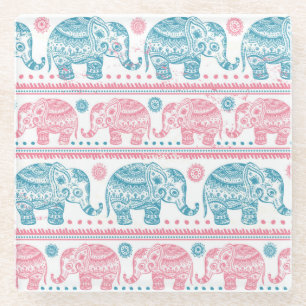 Rosa und aquamarines ethnisches Elefant-Muster Glasuntersetzer