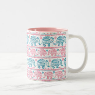 Rosa und aquamarines ethnisches Elefant-Muster Zweifarbige Tasse