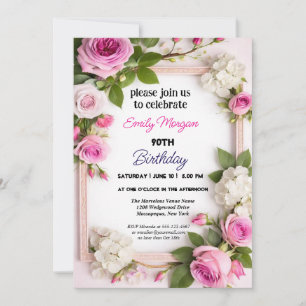 Rosa und beige Aquarell-Blumen 90. Geburtstag Einladung