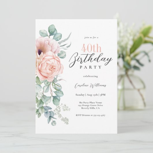 Rosa und Beige Aquarellfarben Floral 40. Geburtsta Einladung (Stehend Vorderseite)