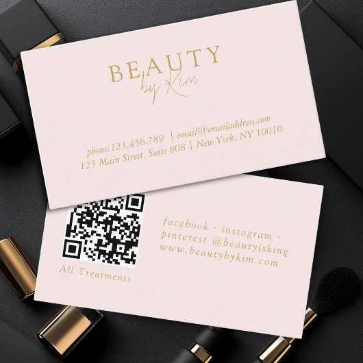 Rosa und Beige-Gold Minimal Elegant, Salon QR Code Visitenkarte