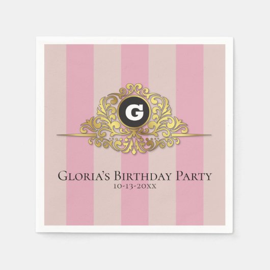 Rosa und Beige Gold Monogram Elegant Napkin Serviette (Vorderseite)