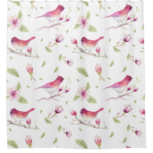 Rosa und Beige Magnolien und Vögel Duschvorhang (Vorderseite)