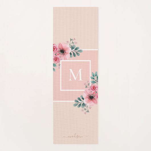 Rosa und Beige | Monogramm der Aquarellfarben-Blum Yogamatte (Vorderseite)