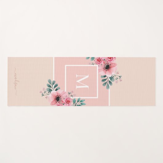 Rosa und Beige | Monogramm der Aquarellfarben-Blum Yogamatte (Vorderseite (Horizontal))