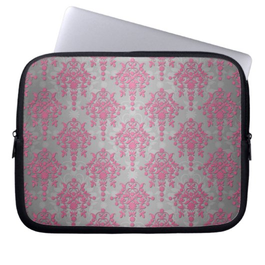 Rosa und blassgraue, florale Daisy Damask Laptopschutzhülle (Vorderseite)