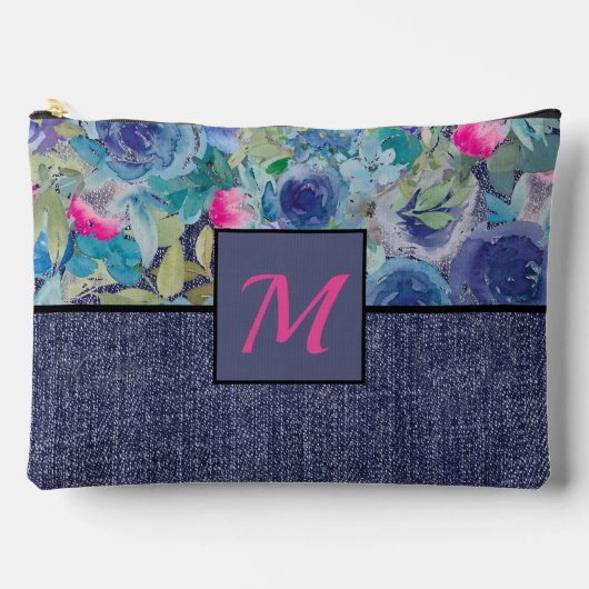 Rosa und blau Blüten und Denim Monogramm Zubehörtasche (Vorderseite)