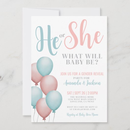 Rosa und blau Er sie Geschlecht offenbaren Einladung (Vorderseite)