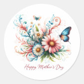 Rosa und blau florale Happy Mother Day Runder Aufkleber (Vorderseite)
