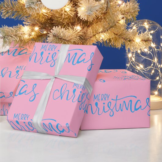 Rosa und blau frohe Weihnachtskalligraphie Geschenkpapier (Feiertage)