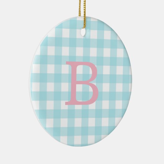 Rosa und Blau Gingham Monogram Keramik Ornament (Rechts)