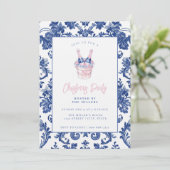 Rosa und blau Grandmillennial Damask Champagne Einladung (Stehend Vorderseite)