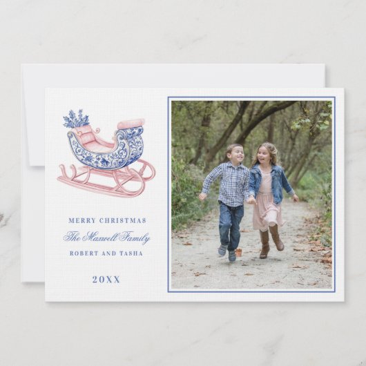 Rosa und blau Grandmillennial Damask Sleigh Einladung (Vorderseite)