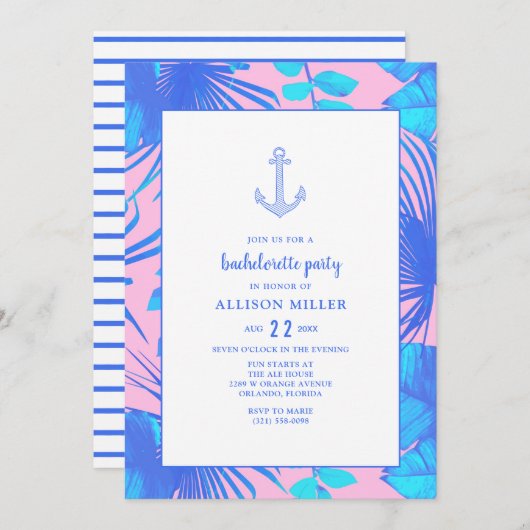 Rosa und Blau-Junggeselinnen-Abschied Einladung (Vorne/Hinten)