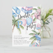 Rosa und Blau Kindergeburtstag Doppelpool Party Einladung (Stehend Vorderseite)
