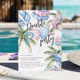 Rosa und Blau Kindergeburtstag Doppelpool Party Einladung