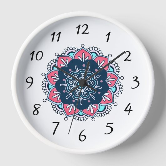 Rosa und Blau Mandala Boho Wall Clock Uhr (Vorderseite)