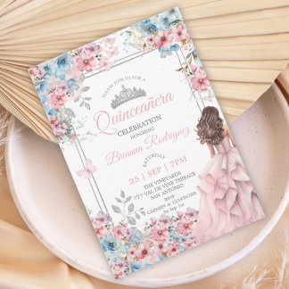 Rosa und Blau Silber Blumen Quinceañera Einladung