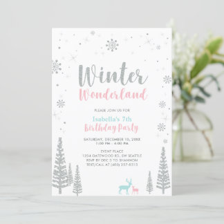 Rosa und Blau Winter Wonderland Kindergeburtstag Einladung
