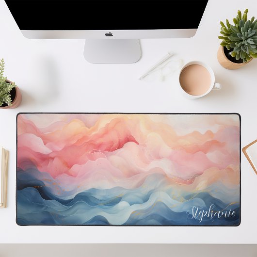 Rosa und blaue Abstrakte Wellen Personalisiert Schreibtischunterlage
