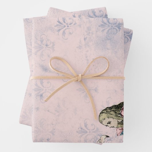 Rosa und blaue Alice im Wunderland mit Flamingo Geschenkpapier Set (Beispiel)