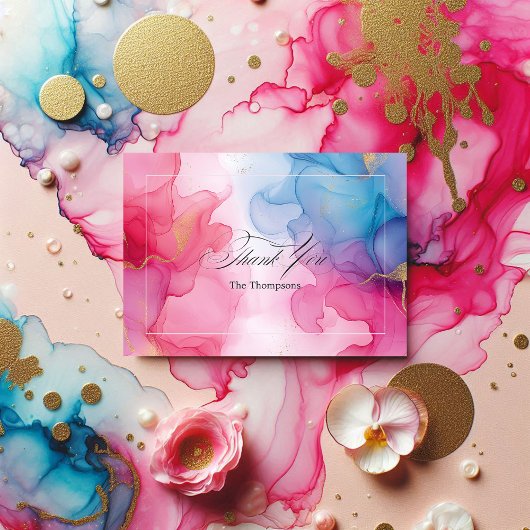 Rosa und blaue Alkoholtinte mit Goldakzenten Dankeskarte