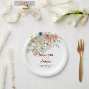 Rosa und blaue Aquarell-Blumen-Hochzeitspapier Pappteller