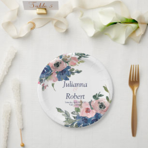 Rosa und blaue Aquarell-Blumen-Hochzeitspapier-Pla Pappteller